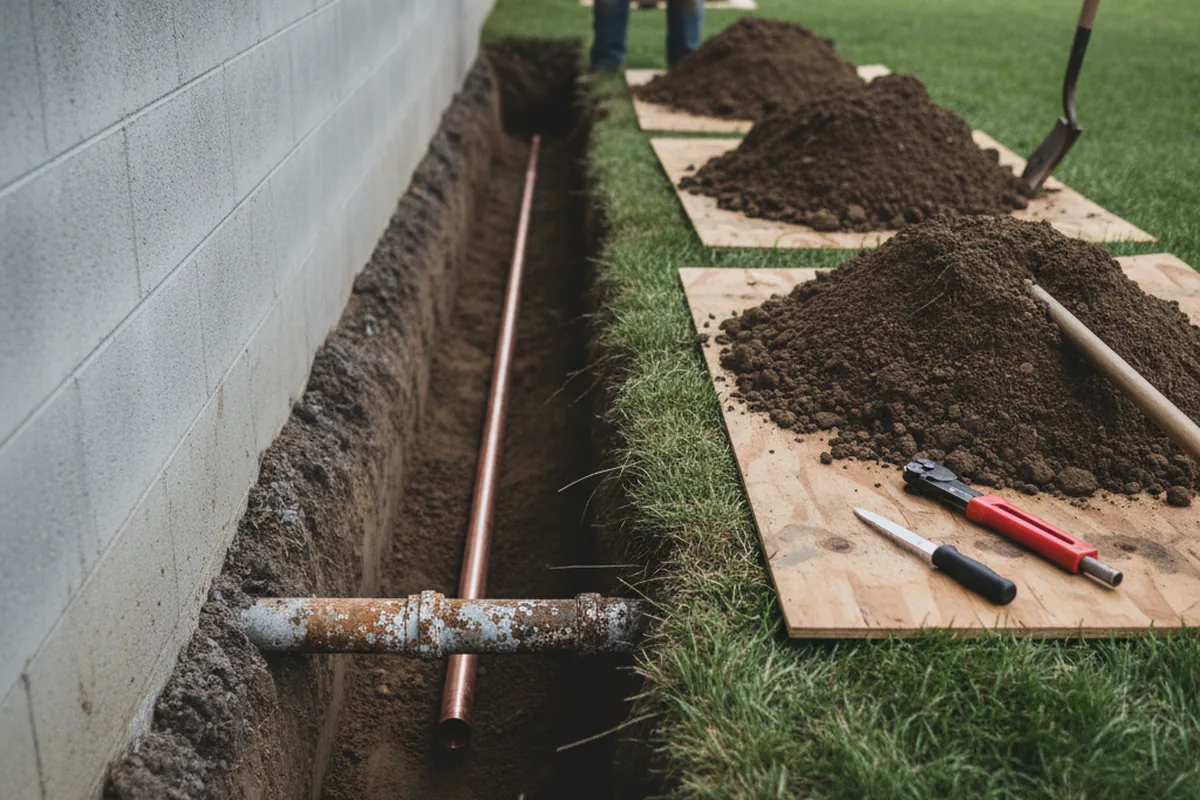 Excavated water line trench during Sewer Line Repair in Imbler